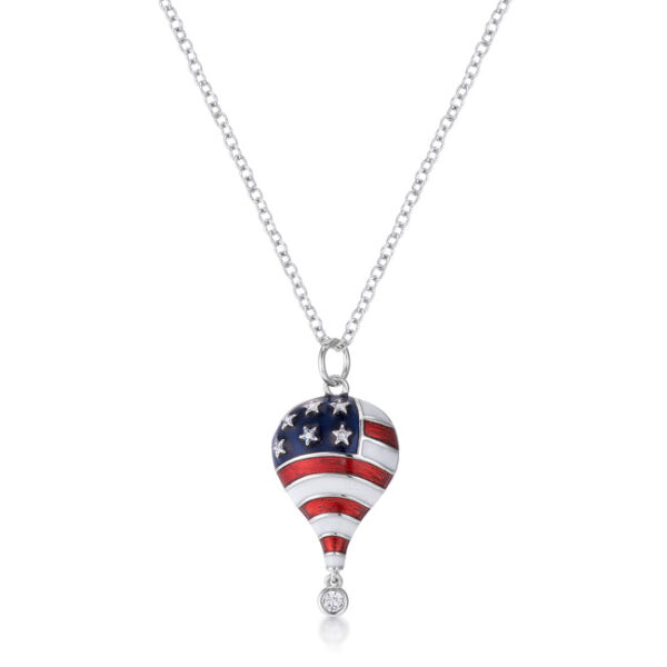 Hot air balloon pendant with red, white and blue flag-pattern bands and a dangling clear stone, on a chain