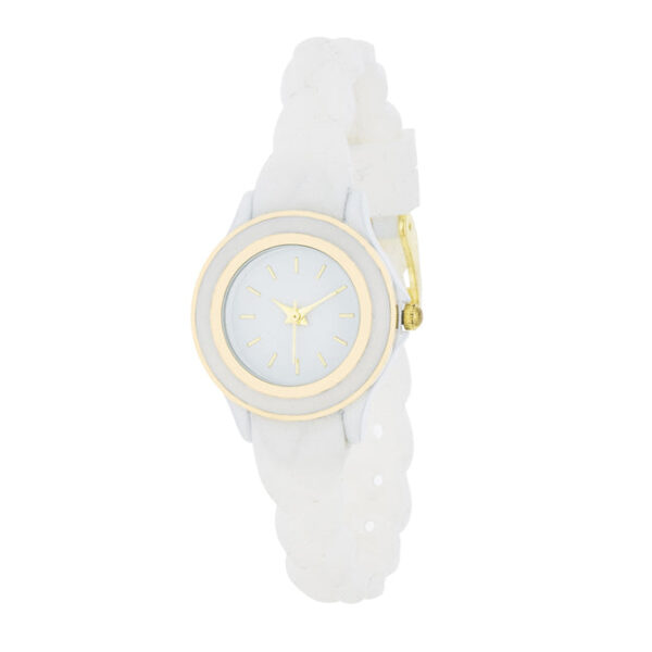 Carmen watch with white rubber strap and braided detailing, compact face shown from front