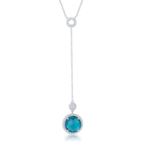 Lariat necklace with round clear halo stones and a large aqua drop stone on a bright-toned chain