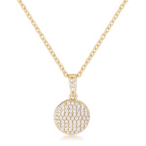 Gold plated necklace with a round disk pendant set with clear cubic zirconia stones